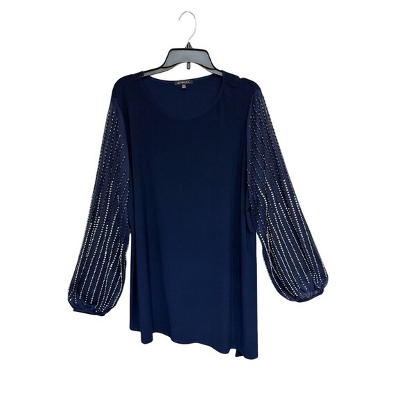 Marina Navy Blue Beaded sheer sleeve tunic Asymmetrical Hem Sz 20W Dark Romantic - Picture 2 of 12